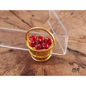 Vintage Basket of Red Apples Gold Tone Brooch